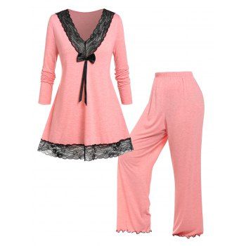 

Plus Size Lace Panel Bowknot Pajamas Set, Light orange