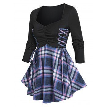 Ruched Bust Plaid Lace Up T Shirt