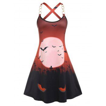 

Plus Size Chain Strap Moon Bats Print Dress, Multicolor