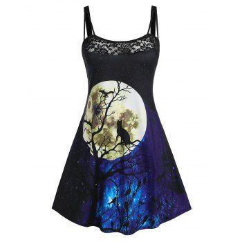 

Plus Size Halloween Moon Cat Print Lace Panel Dress, Black