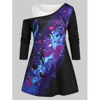 

Plus Size Skew Neck Galaxy Butterfly Print Tee and Tank Top Set, Black