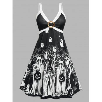 

Plus Size Bicolor Ghost Pumpkin Printed Dress, Black
