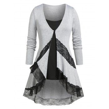 

Plus Size Lace Panel High Low T-shirt and Tank Top set, Light gray