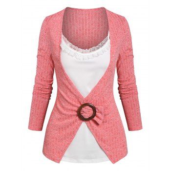 

Lace Insert O-ring Ribbed Faux Twinset Knitwear, Light pink