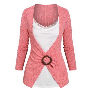 Women Lace Insert O-ring Ribbed Faux Twinset Knitwear Clothing Xxl Light pink
