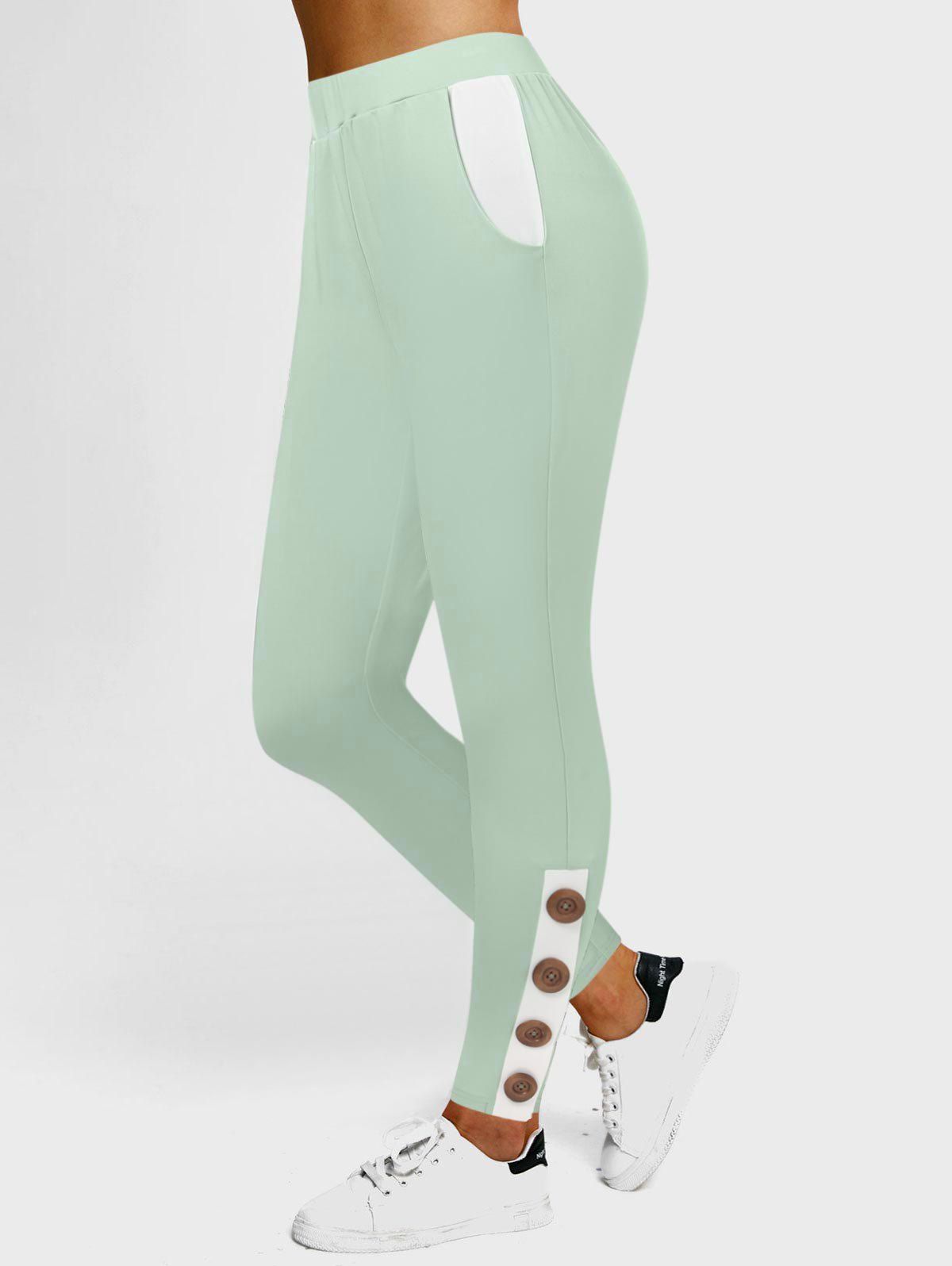 Color Block Mock Button Skinny Leggings - LIGHT GREEN XL