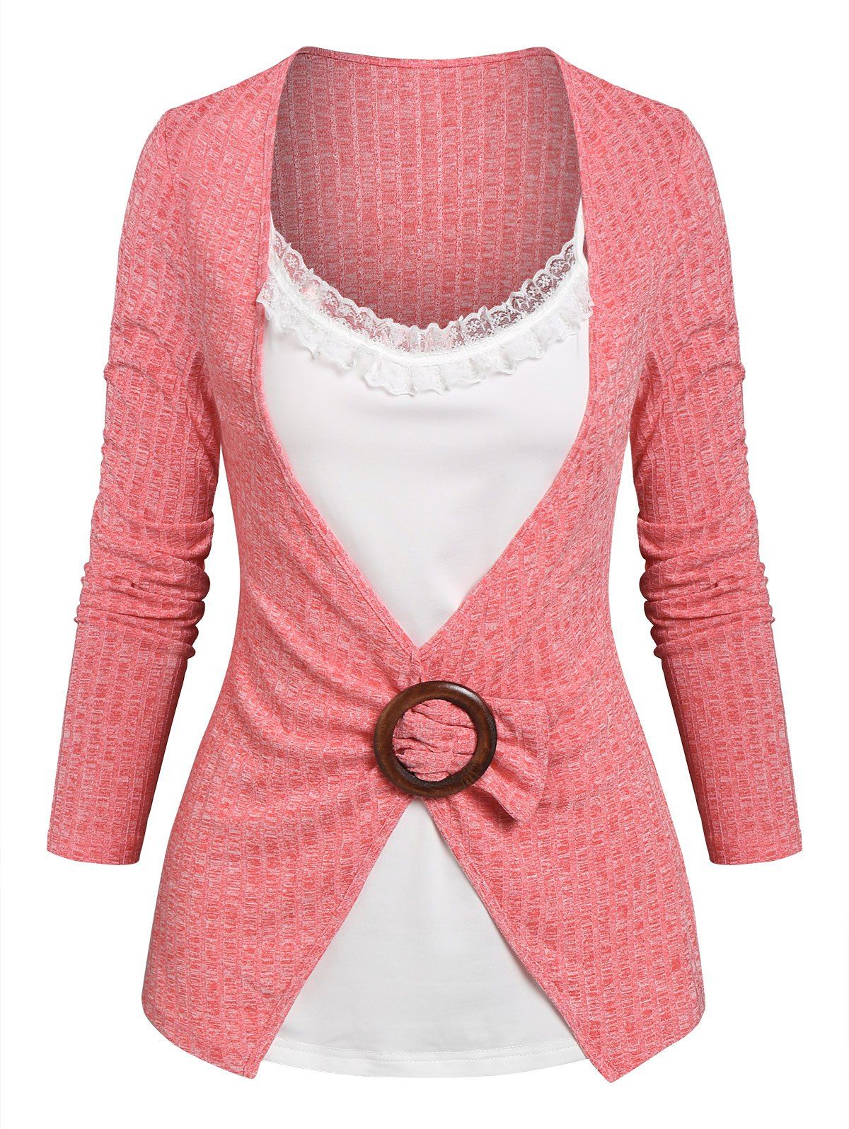 Lace Insert O-ring Ribbed Faux Twinset Knitwear - LIGHT PINK XXXL