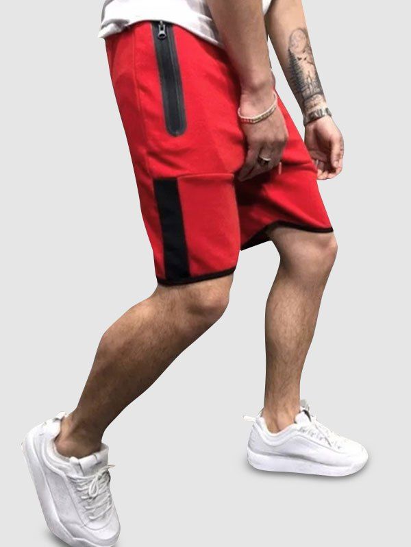 Zipper Pockets Contrast Sports Shorts - RED XXL