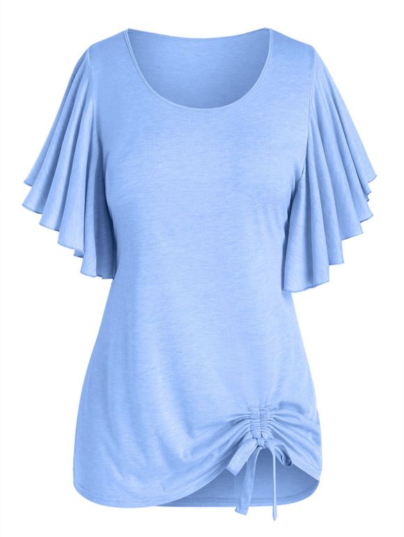 T-shirt Noué Sanglé de Grande Taille à Manches Papillon - Bleu clair L