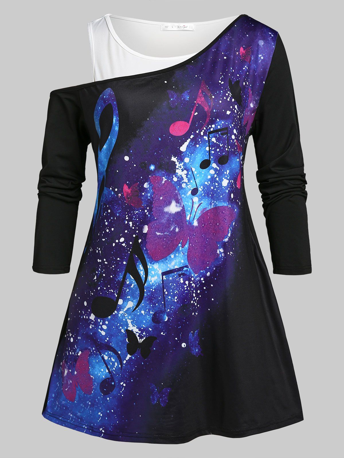 Ensemble de T-shirt à Imprimé Galaxie Papillon de Grande Taille à Col Oblique et de Débardeur - Noir 1X