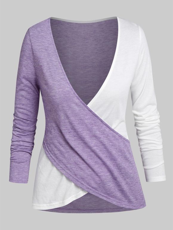 T-shirt Croisé en Blocs de Couleurs - Violet clair XL