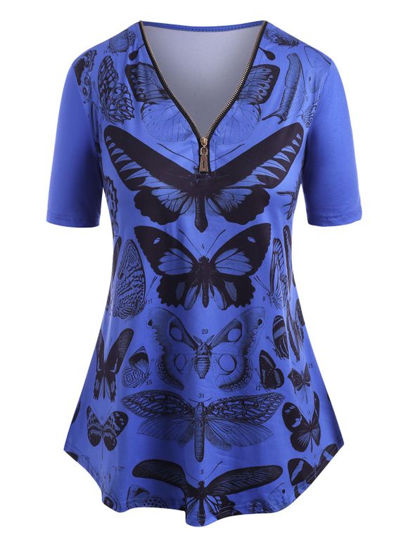 T-shirt à Imprimé Papillon de Grande Taille à Col V à Quart Zip - Bleu 4XL