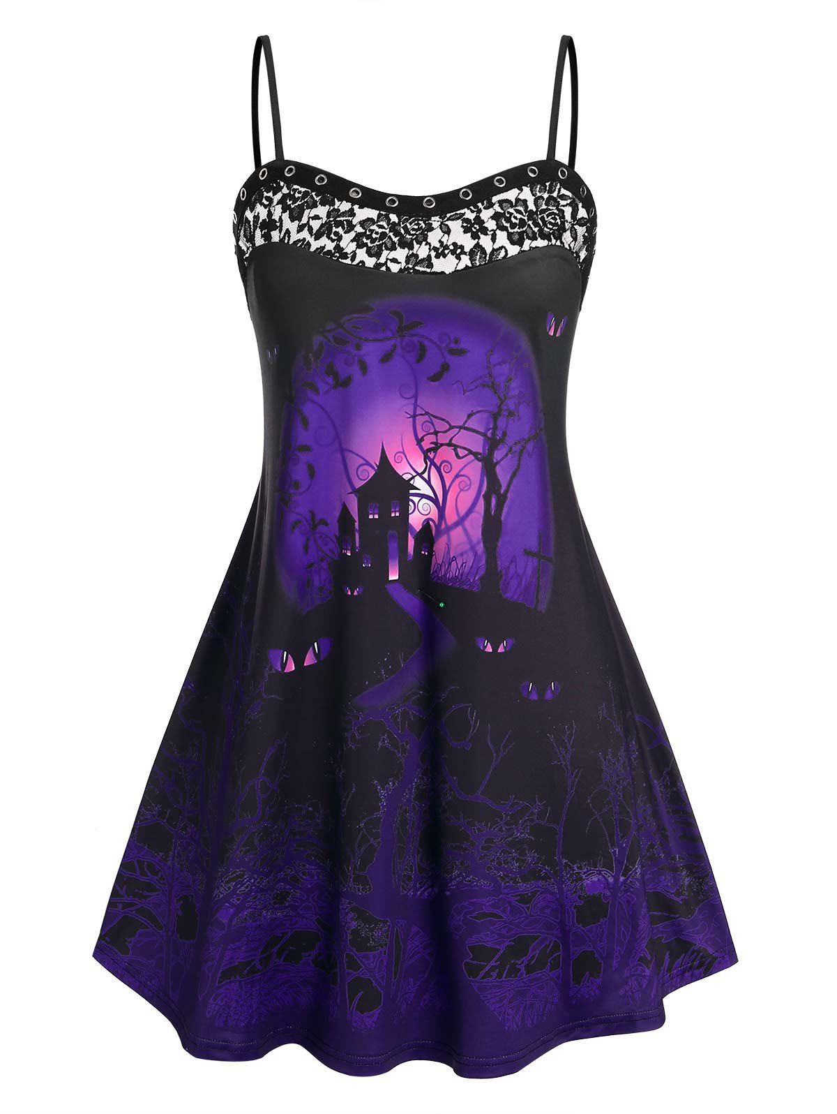 Plus Size Lace Panel Halloween Print Cami Dress - BLACK 1X