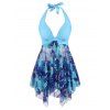 Halter Butterfly Print Bowknot Mesh Handkerchief Tankini Swimwear - LIGHT BLUE 2XL