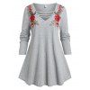 Plus Size Flower Embroidered Straps Long Sleeve Tee - GRAY 5X