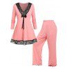 Ensemble de Pyjama Panneau en Dentelle de Grande Taille avec Nœud Papillon - orange clair 2X