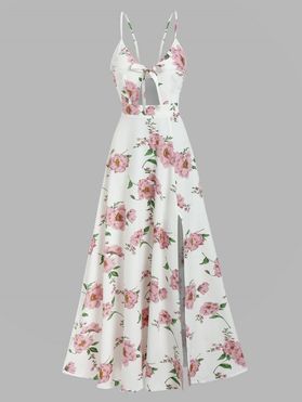 Bohemian Flower Print Knotted Slit Cutout Long Cami Dress