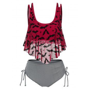 

Stripe Print Bat Crescent Mesh Tankini Set, Red
