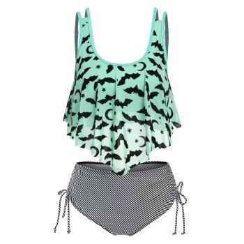 

Tummy Control Tankini Swimwear Gothic Swimsuit Stripe Bat Print Mesh Cinched Summer Beach Bathing Suit, Light green