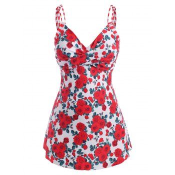 

Plus Size Flower Print Criss Cross Dual Strap Tankini Swimwear, Red