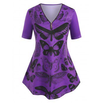 

Quarter Zip V Neck Butterfly Print Plus Size Tee, Purple