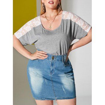 

Plus Size Lace Sheer Sleeve Ruched Tunic T-shirt, Light gray