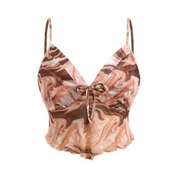 

Plus Size Abstract Print Mesh Lettuce-trim Top, Light orange