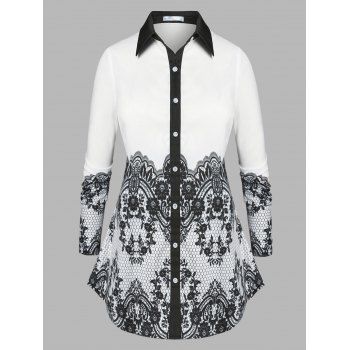 

Plus Size Lace Print Button Up Shirt, White