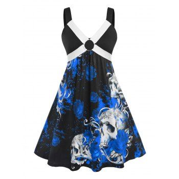 

Plus Size Flower Skull Ring A Line Dress, Black