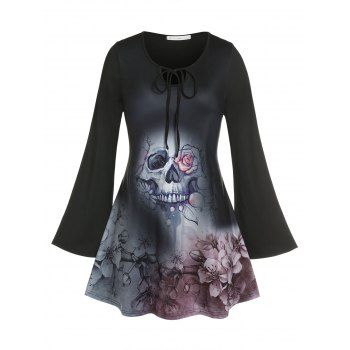 

Plus Size Skull Rose Print Halloween T-shirt, Black