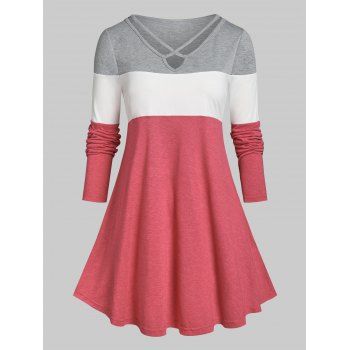 

Plus Size Colorblock Criss Cross Long Sleeve Tee, Red