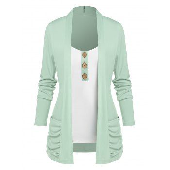 

Contrast Colorblock Two Tone Ruched Pocket 2 In 1 T-shirt, Light green