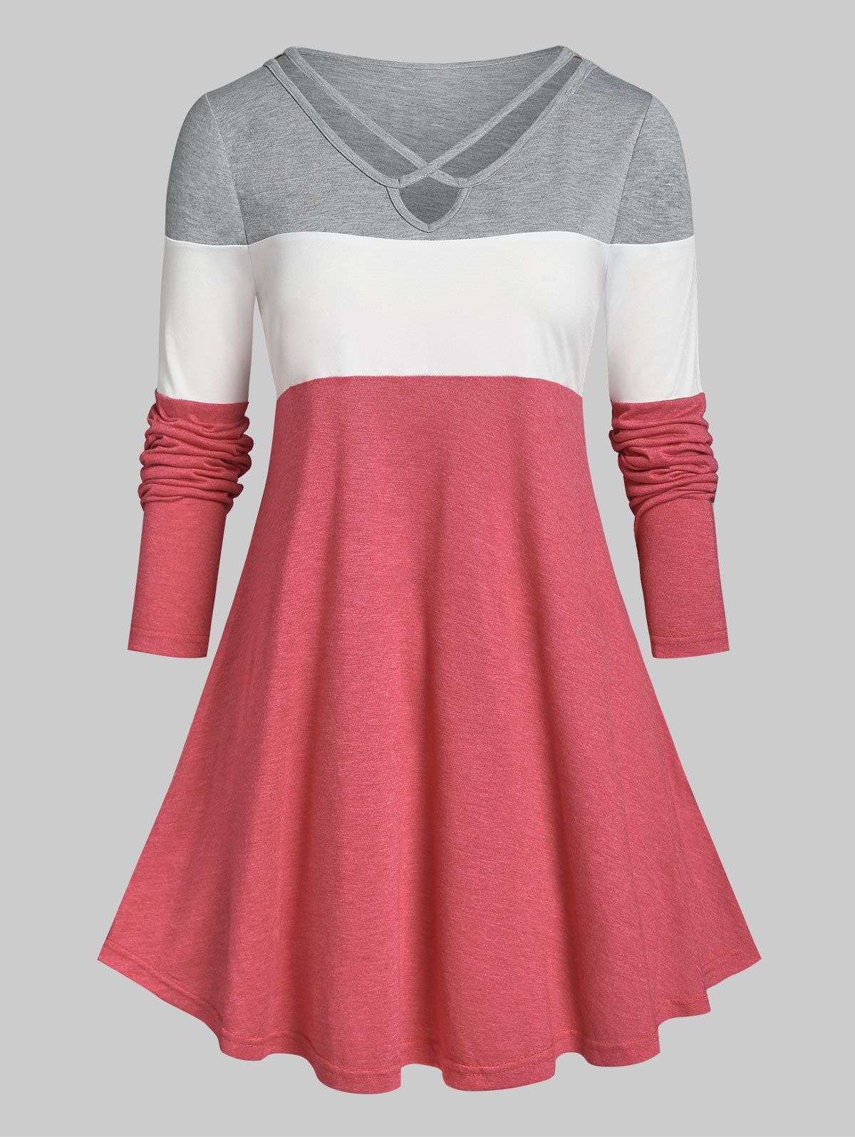 Plus Size Colorblock Criss Cross Long Sleeve Tee - RED 3X