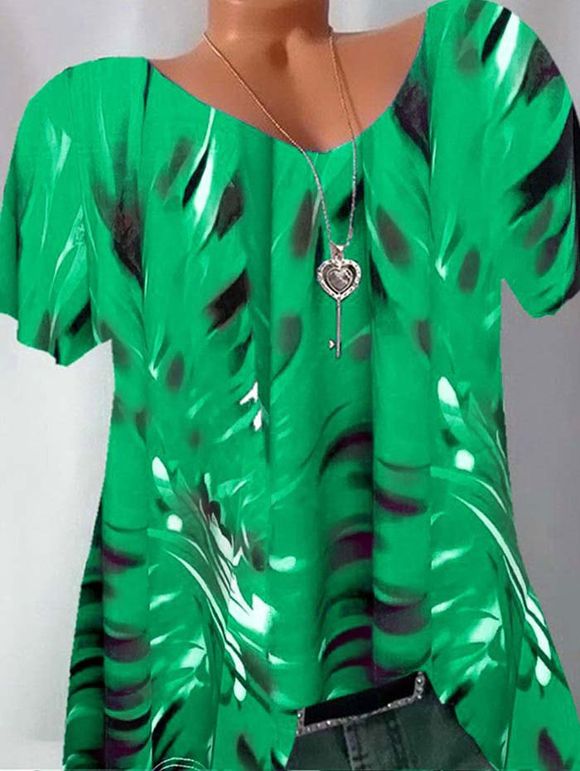T-shirt Teinté Imprimé de Grande Taille à Col V - Vert 4XL