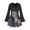 T-Shirt à Imprimé Crânes D'Halloween et Roses Grande-Taille - Noir 2X