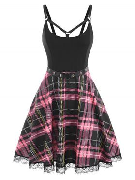 Plaid Lace Insert Belted Strappy Dress