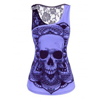 

Lace Insert O Ring Skull Print Tank Top, Purple