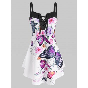 

Flower Butterfly Print Lace Up Curved Hem Tank Top, White