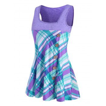 

Plaid Mock Button Asymmetric Neck Tank Top, Purple