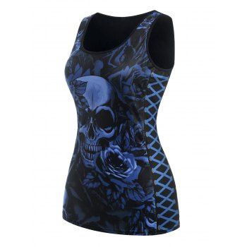 

Plus Size Gothic Skull Floral Print Tank Top, Deep blue