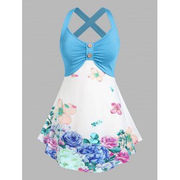 

Plus Size Flower Print Cross Back Tank Top, Light blue