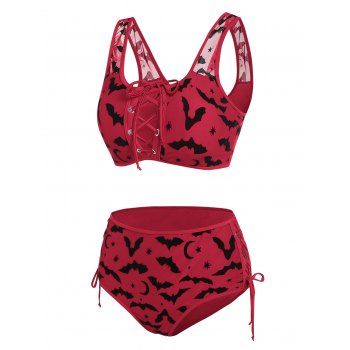 

Bat Crescent Mesh Lace-up Bikini Set, Deep red