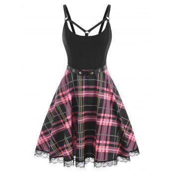 

Plaid Lace Insert Belted Strappy Dress, Light pink