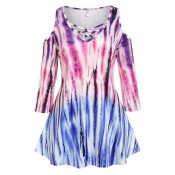 

Plus Size Tie Dye Cold Shoulder Lattice Tee, Multicolor