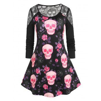 

Plus Size Skull Print Lace Panel Halloween T-shirt, Black