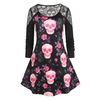 Plus Size Skull Print Lace Panel Halloween T-shirt, DRESSLILY  - buy with discount