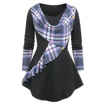 

Plaid Print Mock Button Ruffled T-shirt, Light purple