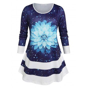 

Plus Size Floral Galaxy Print Tunic T-shirt, Deep blue