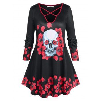 

Plus Size Floral Skull Print Crisscross Halloween T-shirt, Black