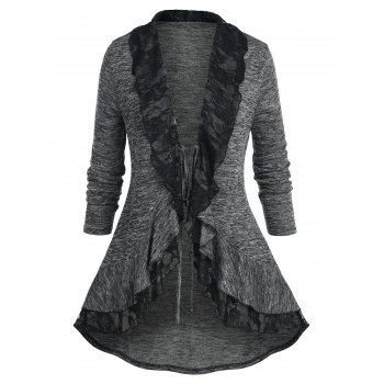 

Plus Size Lace Panel Flounced Space Dye Cardigan, Black